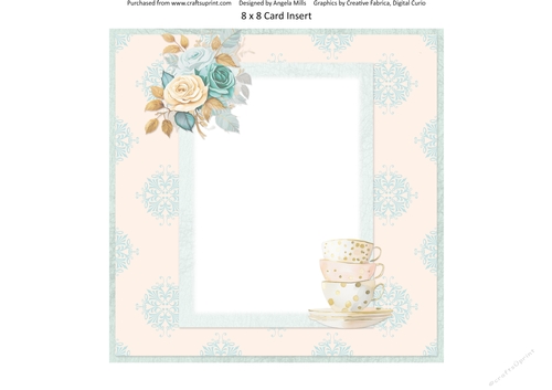 Summer Tea 7: Blush/Teal Teacups & Roses 8 x 8 Card Insert with Peach/Aqua Damask Background