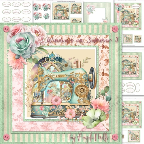 Windows on Summer 3: Vintage Sewing Machine 7 x 7 Card Mini Kit, 7 Sheets
