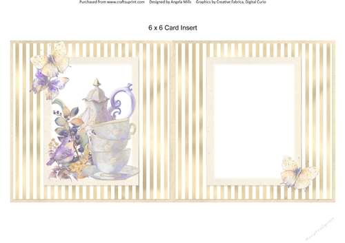 Summer Tea 8: Teacups, Bird & Butterflies 6 x 6 Card Insert with Gold & White Striped Background