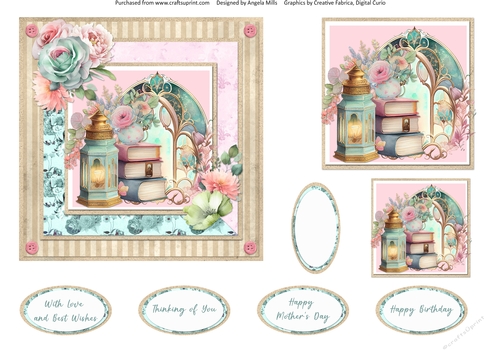 Windows on Summer 5: Shabby Lantern & Books 6 x 6 Card Front with Topper, Tag and Sentiments