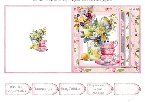 Summer Tea 12: Lemons and Roses 5 x 5 Quick Cut & Fold Card with Sentiment Tags