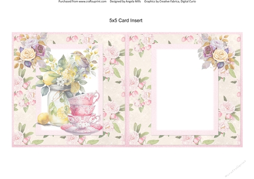 Summer Tea 12: Lemons and Roses 5 x 5 Card Insert with Ivory/Pink Roses Floral Background