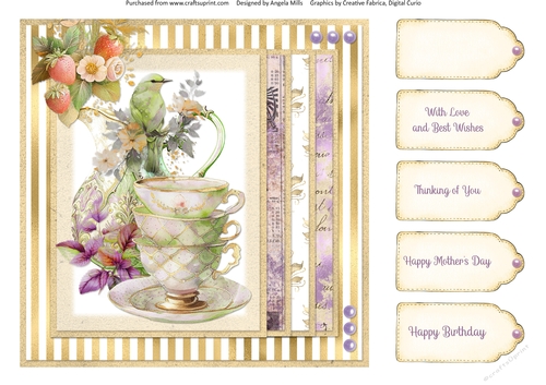 Summer Tea 16: Teacups & Strawberries 8 x 8 Quick Card Front with Sentiment Tags