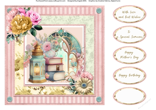 Windows on Summer 7: Shabby Lantern & Books 8 x 8 Card Front with Sentiments