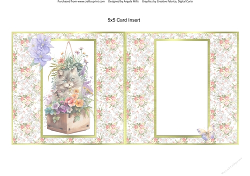 Summer Garden Cats 9: Grey Cat 5 x 5 Card Insert with Peach/Green Floral Background