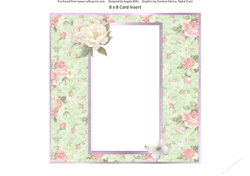 Summer Garden Cats 13: Peonies/Butterfly 8 x 8 Blank Card Insert Panel with Pink/Green Roses Background