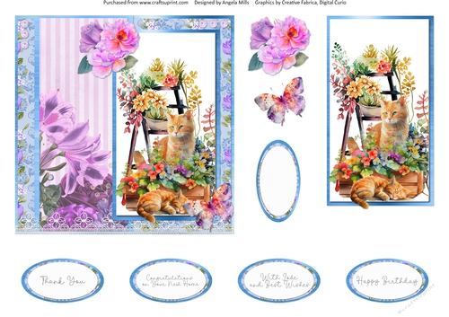 Summer Garden Cats 14: Ginger Cats 6 x 6 Card Front with Topper, Decoupage and Sentiments