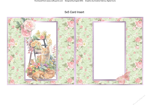Summer Garden Cats 15: Ginger Cats 5 x 5 Card Insert with Pink/Green Floral Background