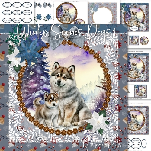 Winter Scenes Dogs 1: Siberian Huskies 7 x 7 Card Mini-Kit, 7 Sheets