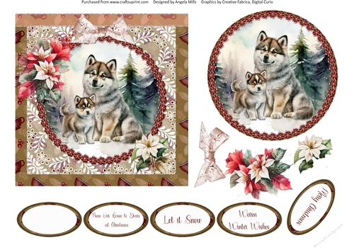 Winter Scenes Dogs 5: Siberian Huskies 6 x 6 Card Front with Topper, Decoupage nand Sentiments 
