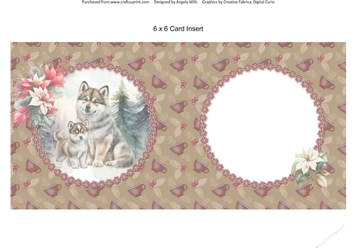 Winter Scenes Dogs 5: Siberian Huskies 6 x 6 Card Insert with Tan/Burgundy Coffee Cup Background
