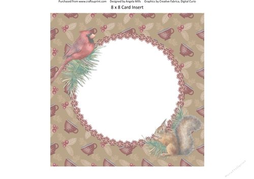 Winter Scenes Dogs 13: Cardinal Bird/Squirrel 8 x 8 Card Insert Panel with Tan/Burgundy Background