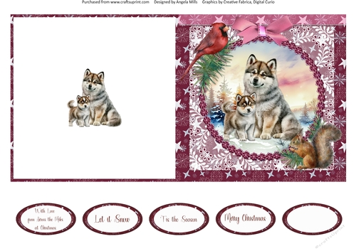 Winter Scenes Dogs 6: Siberian Huskies 5 x 5 Quick Cut & Fold Card with Sentiments