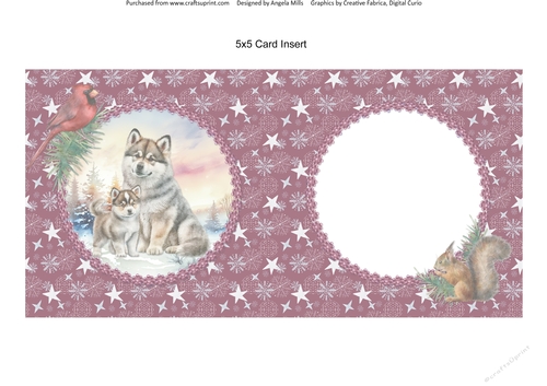 Winter Scenes Dogs 6: Siberian Huskies 5 x 5 Card Insert with Burgundy Stars & Snowflakes Background