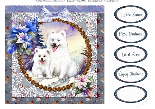 Winter Scenes Dogs 10: Samoyeds 8 x 8 Quick Card Front with Sentiments