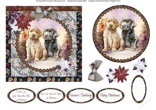 Winter Scenes Dogs 11: Labrador Puppies 6 x 6 Card Front with Topper, Decoupage and Sentiments