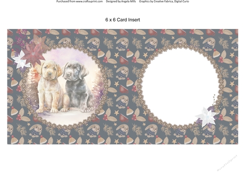 Winter Scenes Dogs 11: Labrador Puppies 6 x 6 Card Insert  with Topper Black/Tan  Winter Bunnies Background