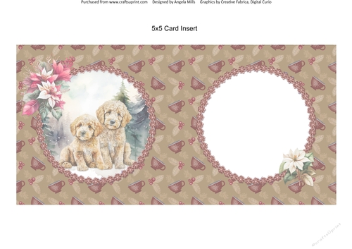 Winter Scenes Dogs 15: Goldendoodles 5 x 5 Card Insert with Tan/Burgundy Cocoa Cup Background
