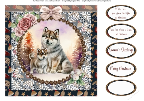 Winter Scenes Dogs 7: Siberian Huskies 8 x 8 Quick Card Front with Sentiments