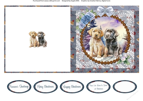 Winter Scenes Dogs 12: Labrador Puppies 5 x 5 Quick Cut & Fold Card with Sentiments