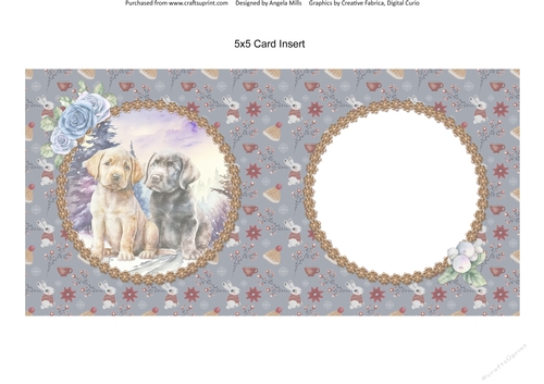 Winter Scenes Dogs 12: Labrador Puppies 5 x 5 Card Insert with Slate Blue Winter Bunnies Background