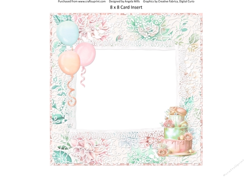Spring Celebrations 16: Balloons & Tiered Cake 8 x 8 Card Insert with Aqua/Peach Floral Lace Background