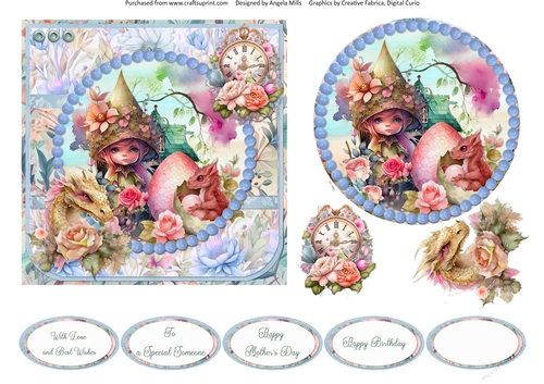 Garden Fairies & Dragons 14: 6 x 6 Card Front with Topper,Decoupage and Sentiments