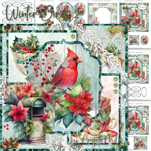 Winter Birds 2: Cardinal Bird 7 x 7 Card Mini Kit, 8 Sheets 