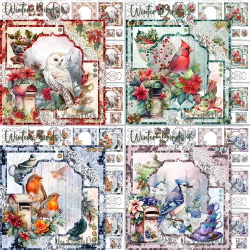 Winter Birds 1 to 4 Bumper Kit, Four 7 x 7 Card Mini-Kits, 32 Sheets Owl, Cardinal, Robins, Blue Jay