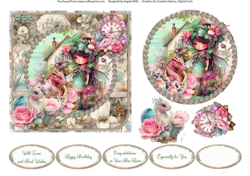 Garden Fairies & Dragons 8: 6 x 6 Card Front with Topper, Decoupage and Sentiments 