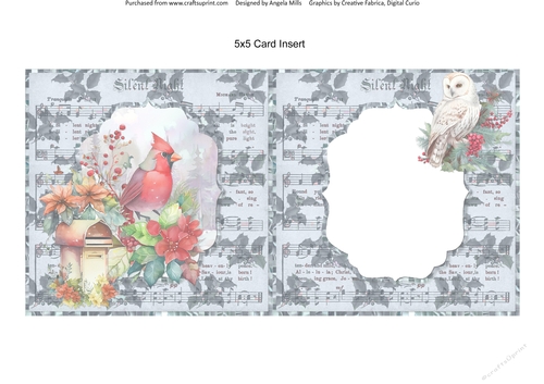 Winter Birds 9: Cardinal Bird 5 x 5 Card Insert with Blue Music Sheet Background