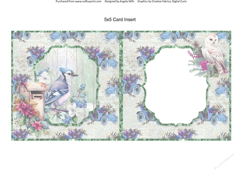 Winter Birds 15: Blue Jay 5 x 5 Card Insert with Mint Green/Blue Vintage Cars Background