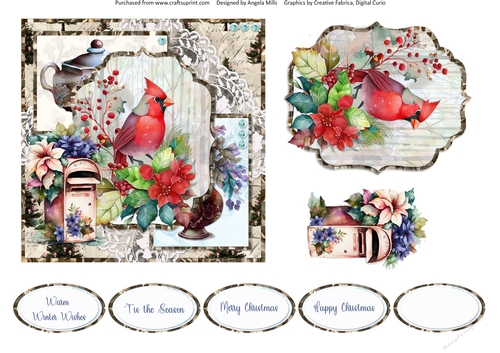 Winter Birds 8: Red Cardinal 6 x 6 Card Front with Topper, Decoupage and Sentiments