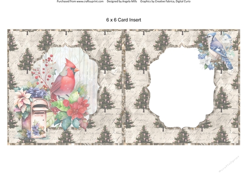 Winter Birds 8: Red Cardinal 6 x 6 Card Insert with Coffee Brown Christmas Trees Background