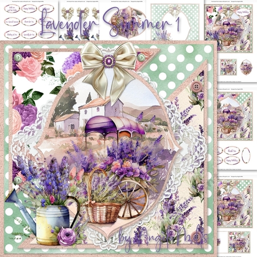 Lavender Summer 1: Lavender Cart & Basket 7 x 7 Decoupage Card Front with 4 Toppers, 8 Sheets