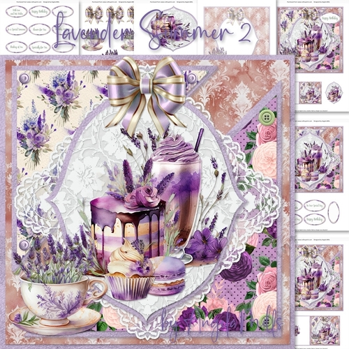 Lavender Summer 2: Lavender Cakes 7 x 7 Decoupage Card Front with 4 Toppers, 8 Sheets