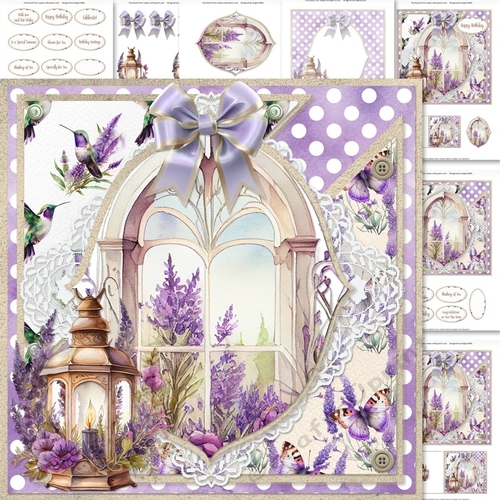 Lavender Summer 3: Lavender Window 7 x 7 Decoupage Card Front with 4 Toppers, 8 Sheets
