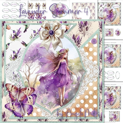 Lavender Summer 4: Lavender Fairy 7 x 7 Decoupage Card Front with 4 Toppers, 8 Sheets