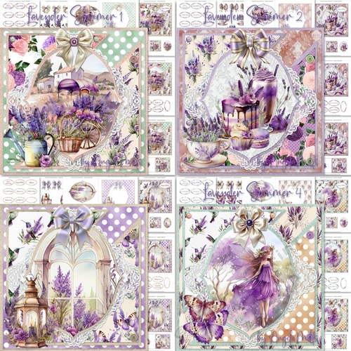 Lavender Summer 1 to 4 Bumper Kit: Four 7 x 7 Card Mini Kits, Floral Cart & Basket, Cakes, Window & Fairy