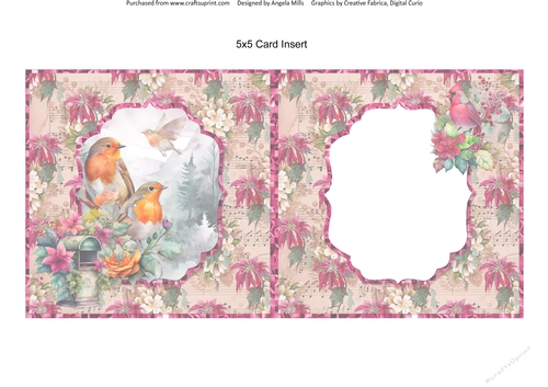 Winter Birds 12: Robins 5 x 5 Card Insert with Crimson Poinsettias Background