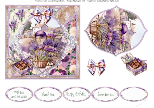 Lavender Summer 17: Floral Lavender Cart 6 x 6 Card Front with Topper, Decoupage and Sentiments
