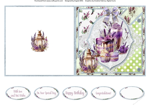 Lavender Summer 21: Lavender Cakes 5.5 x 5.5 Quick Cut & Fold Card with Sentiments