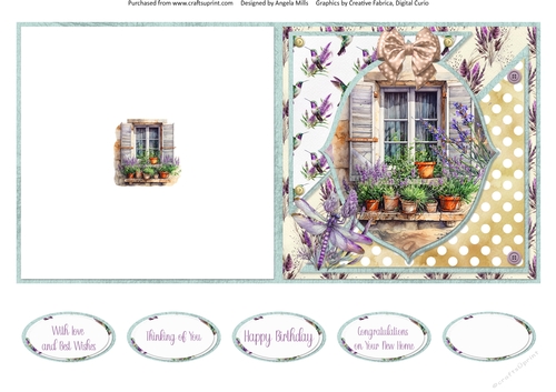 Lavender Summer 56: Lavender Window 5.5 x 5.5 Quick Cut & Fold Card with Sentiments