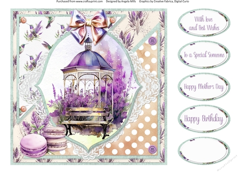 Lavender Summer 37: Lavender Gazebo/Bench 8 x 8 Card Front with Sentiments