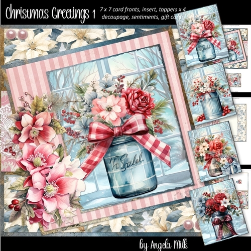 Christmas Greetings 1: Winter Floral Mason Jar 7 x 7 Card Mini-Kit, 8 Sheets incl 4 Toppers