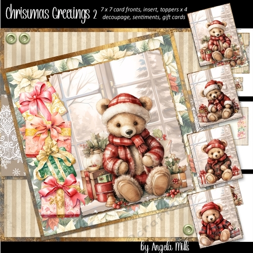Christmas Greetings 2: Git Box Teddy 7 x 7 Card Mini-Kit, 8 Sheets incl 4 Toppers