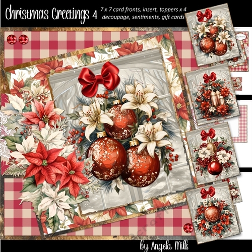 Christmas Greetings 4: Red Christmas Baubles/Poinsettias  7 x 7 Card Mini-Kit, 8 Sheets incl 4 Toppers