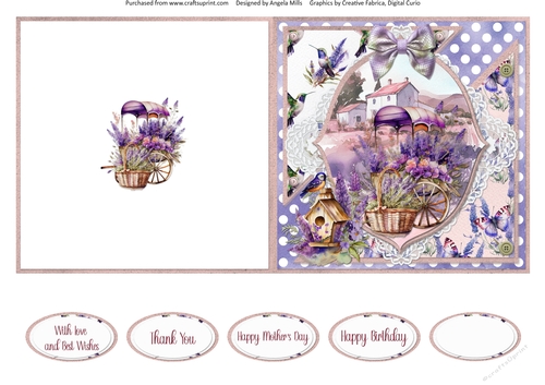 Lavender Summer 18: Lavender Floral Cart 5 x 5 Cut & Fold Card with Sentiments