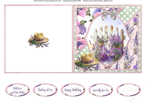 Lavender Summer 38: Bicycle/Lavender Hat 5 x 5 Quick Cut & Fold Card with Sentments