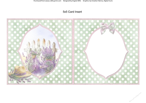 Lavender Summer 38: Bicycle/Lavender Hat 5 x 5 Card Insert with Green/White Polka Dot Background